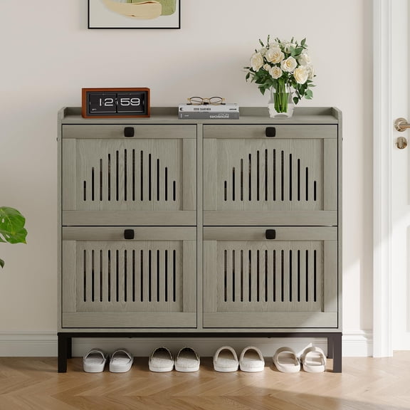 Gaderth Shoe Storage Cabinet with 4 Flip Drawer, Shoes Organizer with Hollow Out Panel, Anti-Tipping Shoe Rack with Adjustable Shelves, Wooden Shoe Rack for Entryway Living Room Bedroom