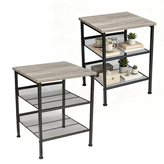 Gaderth Side Table Set of 2, 3-Tier Square End Table, Industrial Nightstand with Mesh Shelves, Metal Frame Bedside Table for Living Room, Bedroom