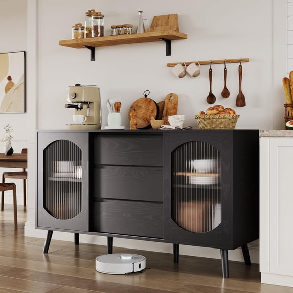Gaderth Sideboard Buffet Cabinet with Fluted Glass Doors and Drawers, Wood Kitchen Cabinet with Storage, Credenza Coffee Bar Sideboard for Kitchen, Dining Room, Living Room