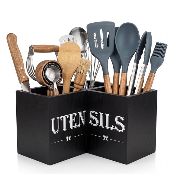 Gaderth Space-Saving 90 Corner Wooden Utensil Holder - Large 3-Compartment Paulownia Flatware Organizer and Kitchen Caddy - Matte Black Storage for Spoons, Spatulas, Knives - Color: Black