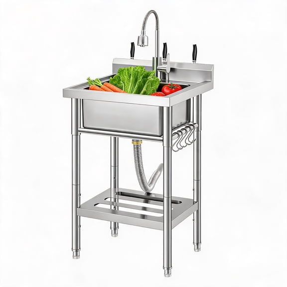 Gaderth Stainless Steel Utility Sink,Freestanding Single Bowl Kitchen Sink With Hot & Cold Faucet, 5 Hooks Single Bowl Kitchen Sink For Laundry Room/Apartments/Basement/Garage