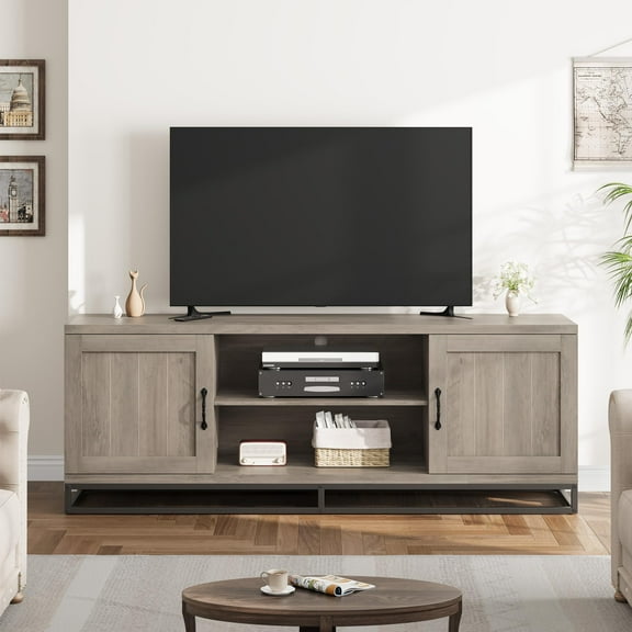 Gaderth TV Stand, Chic Design with Swing Cabinets, Modern Entertainment Center with Adjustable Shelves and Sturdy Metal Legs, Farmhouse Wooden Media Console for Living Room or Bedroom