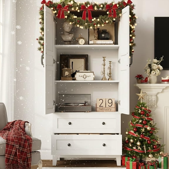 Gaderth Tall Storage Cabinet, Floor Storage Cabinet with 2 Doors & 2 Drawers, Farmhouse Pantry with Adjustable Shelves, Spacious Wood Organizer for Kitchen, Office, Living Room