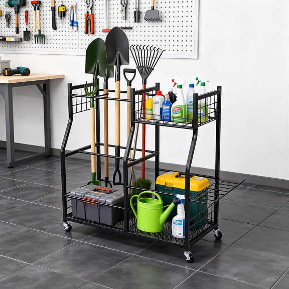 Gaderth Tool Organizer Stand, Garage Tool Storage Organization, Yard Tool Racks with lockable wheels, Yard Tool Holder Standing for Garage Organization