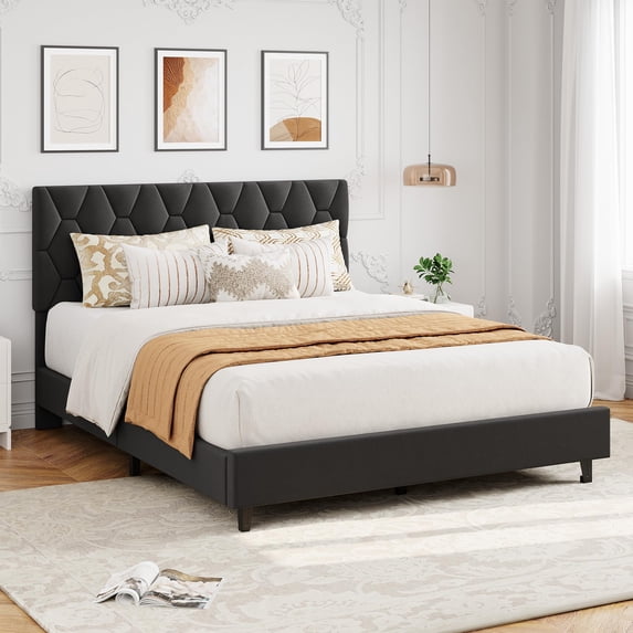 Gaderth Upholstered Bed Frame with Headboard, Upholstered Bed Platform With Soft Fabric Tufted Headboard,Noise-Free, No Box Spring Needed, Beige