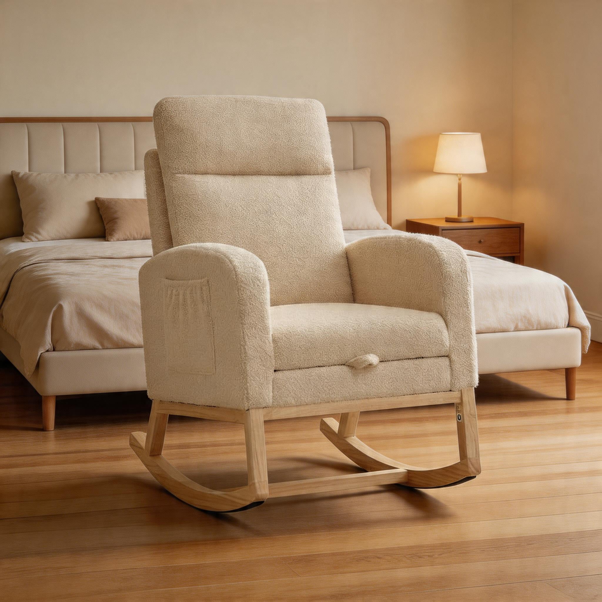 Gaderth Upholstered Rocking Chair, Rocking Chair For Nursery,Glider Chair With High Back And Side Pocket, Rocking Accent Armchair With Rubber Wood Legs For Living Room/Bedroom/Nursery