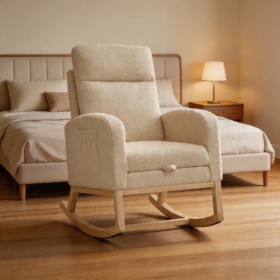 Gaderth Upholstered Rocking Chair, Rocking Chair For Nursery,Glider Chair With High Back And Side Pocket, Rocking Accent Armchair With Rubber Wood Legs For Living Room/Bedroom/Nursery