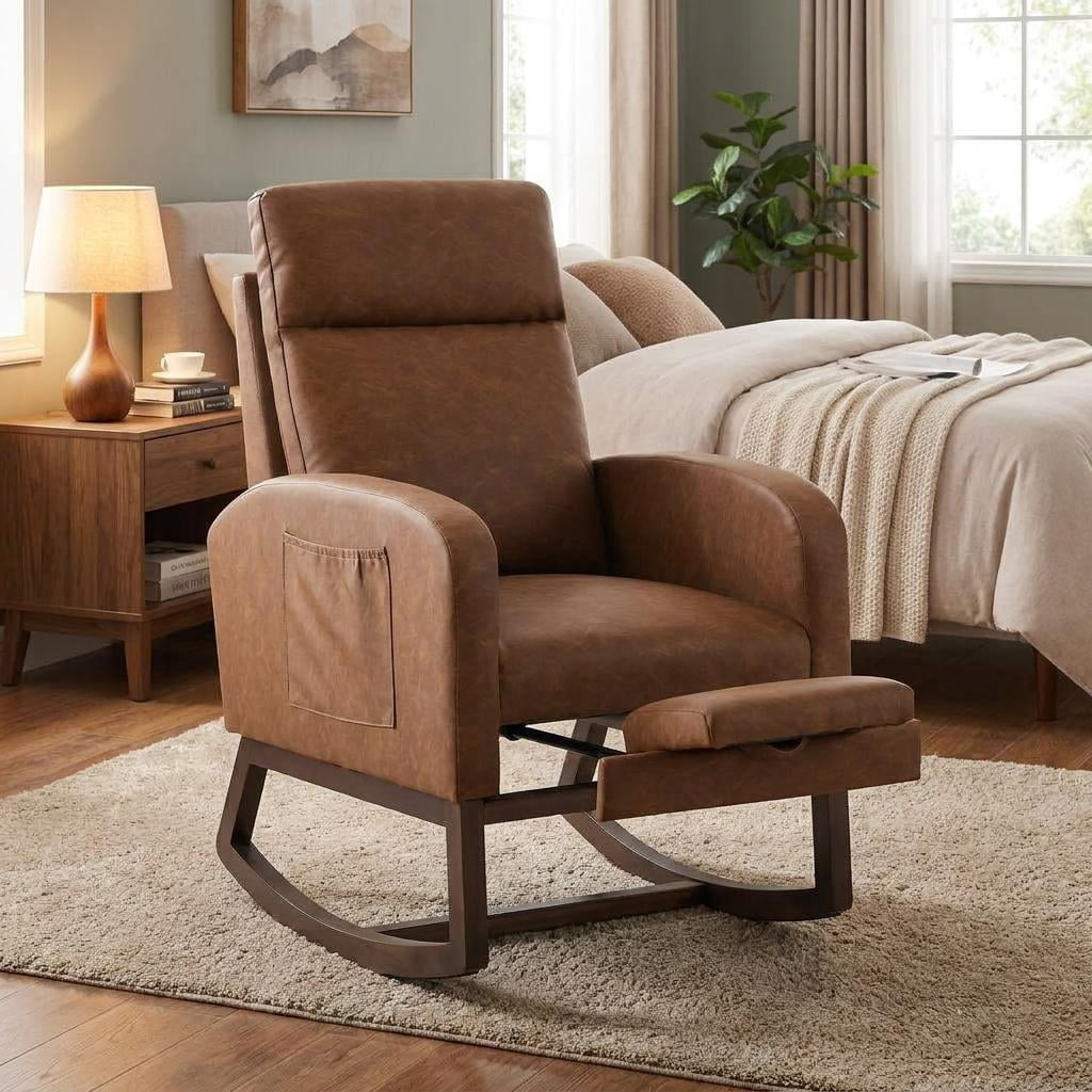 Gaderth Upholstered Rocking Chair, Rocking Chair For Nursery,Glider Chair With High Back And Side Pocket, Rocking Accent Armchair With Rubber Wood Legs For Living Room/Bedroom/Nursery