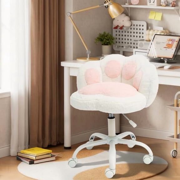 Gaderth Vanity Chair with Wheels, Cat Paw Office Chair with Back, 360°Rotating Height Adjustable Armless Chair, Desk Chair, Plush Cushion for Bedroom, Make-Up Room