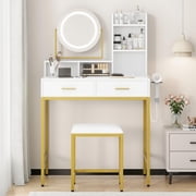 Gaderth Vanity Desk with Rotating Mirror, Makeup Vanity Desk with 3 Colors Adjustable Light, Vanity Set, Wood Vanity with 2 Drawers, Stool, Power Outlet
