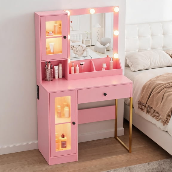 Gaderth Vanity With Lights,Makeup Vanity Desk With Led Mirror & Power Outlet,33.46"  Compact Dressing Table,Makeup Dressing Table With 2 Open Compartments & 2 Acrylic-Door Cabinets For Bedroom