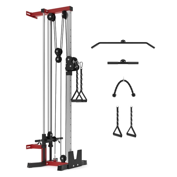 Gaderth Wall Mount Cable Station, 3 in 1 LAT Row Cable Machine, Dual Pulley Cable Crossover Machine with 18 Adjustable Positions, Tricep Rope, T-Bar, LAT Pulldown Bar & Foot Board for Strength Traini