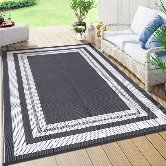Gaderth Waterproof Plastic Straw Outdoor Rug,Patio Reversible UV Resistant Foldable Camping Carpet Modern Border Large Outdoor Rugs for Deck, Picnic, Porch, Camper, Balcony, Beach