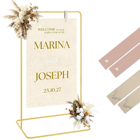 Gaderth Wedding Welcome Sign Stand,50/68 in Adjustable Metal Wedding Sigh Holder with 4 Faux Leather Straps,Modern Easel,Sturdy Banner & Seating Chart Holder,Hanging Sign Stand for Display Party