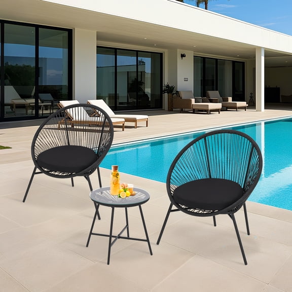 Gaderth Wicker Outdoor Rocking Chairs, 3-Piece Wicker Patio Furniture Set with Glass Top Coffee Table and Cushions, All-Weather Metal Frame Rattan Outdoor Furniture Set for Balcony, Porch, and Garden