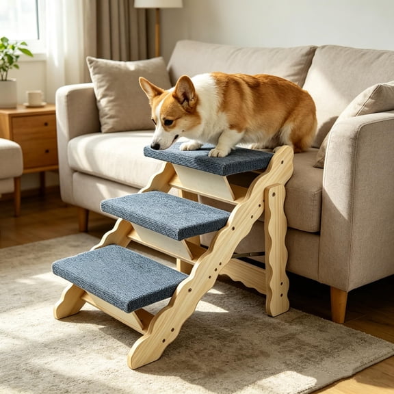 Gaderth Wooden Dog Stairs, 2-in-1 Floded Flat Design Dog Steps, Anti-Slip Pet Ramp, Indoor Pet Stairs for Small Medium Large Pet, up to 150 lbs