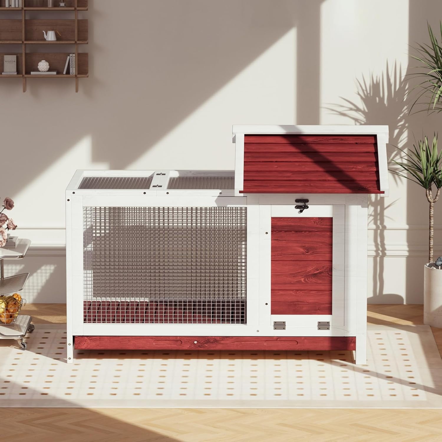 Gaderth Wooden Rabbit Hutch, Indoor/Outdoor Wooden Rabbit Cage with Removable Wire Netting, Weatherproof Bunny Cage with Anti-Chew Metal Frame Ramp for Small Animals