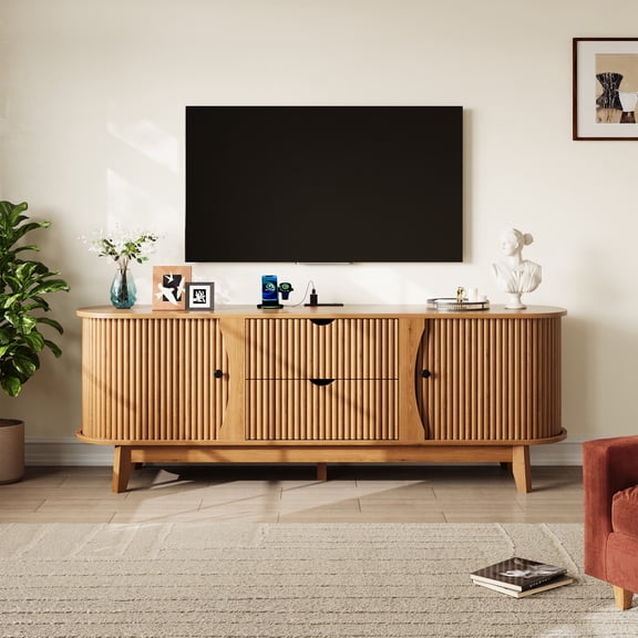 Gaderth Wooden TV Console, Modern TV Stand, 63'' TV Stands for Living Room with Power Output, Entertainment Center with 2 Drawers and Adjustable Shelves