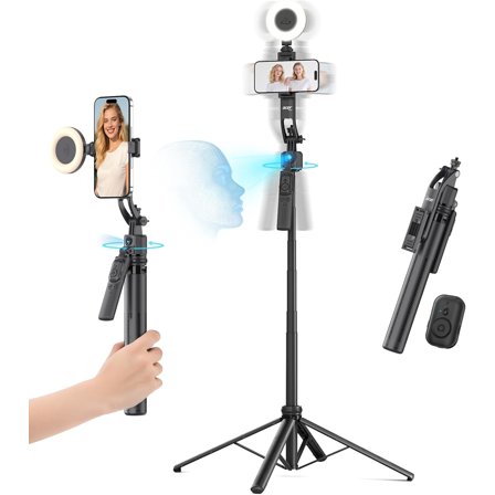 Gadget Auto Face Tracking Tripod for iPhone/Cell Phone/Android/Camera with Light and Remote, 64", No App, 360Rotating Tripod Selfie Stick for Tiktok YouTube Vlog Live Streaming Video Recording
