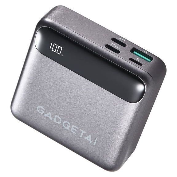 GadgetAi 10,000mAh Slim Power Bank – Gray | Universal Charger with USB-A, Lightning & Dual USB-C Connections