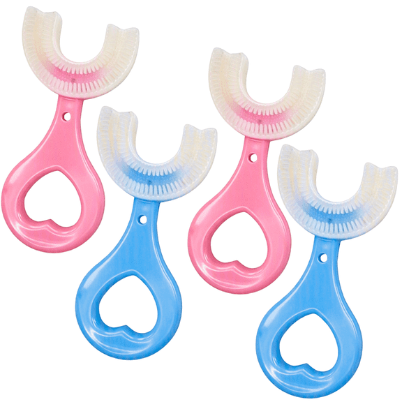 GadgetNestUSA 4-Pack U-Shaped Heart Handle Kids Toothbrush Soft Training Brushes for Ages 6-12 (Pink & Blue)