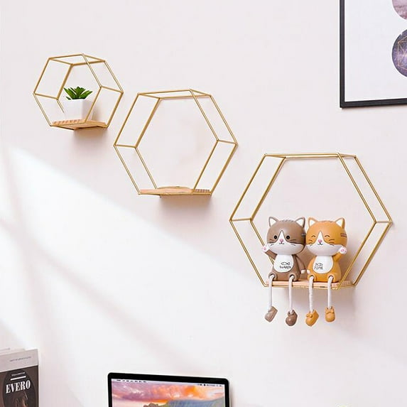 GadgetVLot 3Pcs Wall Mount Bracket Storage Decoration Rack Indoor Craft Home Hexagon Storage Rack Natural Wood Frame (One For Each Size)