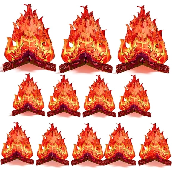 Gadgetime USA 12PCS Fake Fire Campfire Decorations 3D Cardboard Flame Centerpieces,Artificial Bonfire Props for Camping,Bachelorette Parties, Holiday,Fireplace Displays,Home Decor(12x10, Red Orange)