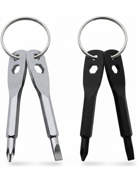Mini Screwdriver Set (2-Pack) EDC Keychain Repair Tool with Flat & Phillips Heads, Black & Silver