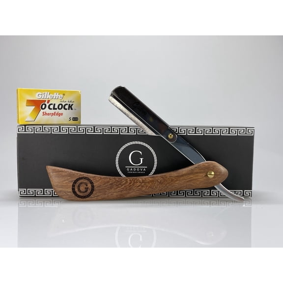 Professional Wooden Straight Edge Barber Shaving Razor - Salon Hair Nape Detailing Cut Throat Shavette + 5 7 O' Clock Blades