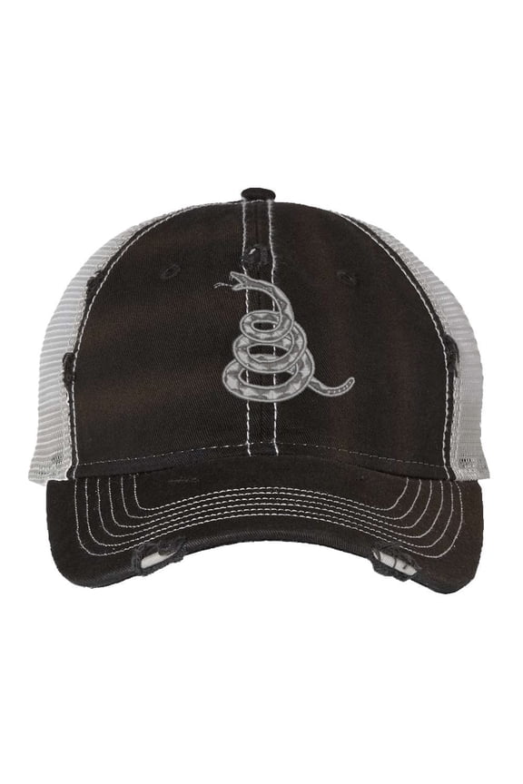 Gadsden Don’t Tread On Me Trucker Hat – Distressed Rattlesnake Embroidered Mesh Cap, Adjustable Patriotic Design (Black)