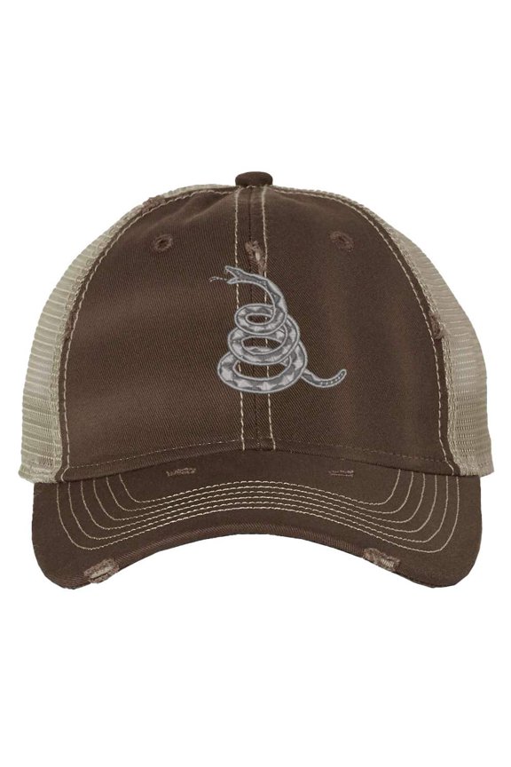 Gadsden Don’t Tread On Me Trucker Hat – Distressed Rattlesnake Embroidered Mesh Cap, Adjustable Patriotic Design (Brown)