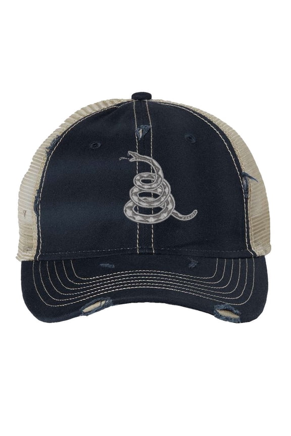 Gadsden Don’t Tread On Me Trucker Hat – Distressed Rattlesnake Embroidered Mesh Cap, Adjustable Patriotic Design (NavyBlue)