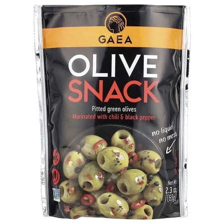 Gaea, Olive Snack, Pitted Green Olives, Marinated With Chili & Black Pepper, 2.3 oz Pack of 4