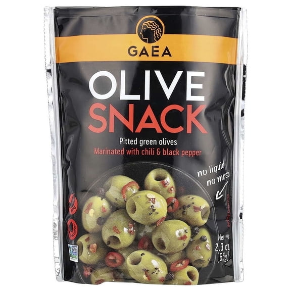 Gaea, Olive Snack, Pitted Green Olives, Marinated With Chili & Black Pepper, 2.3 oz
