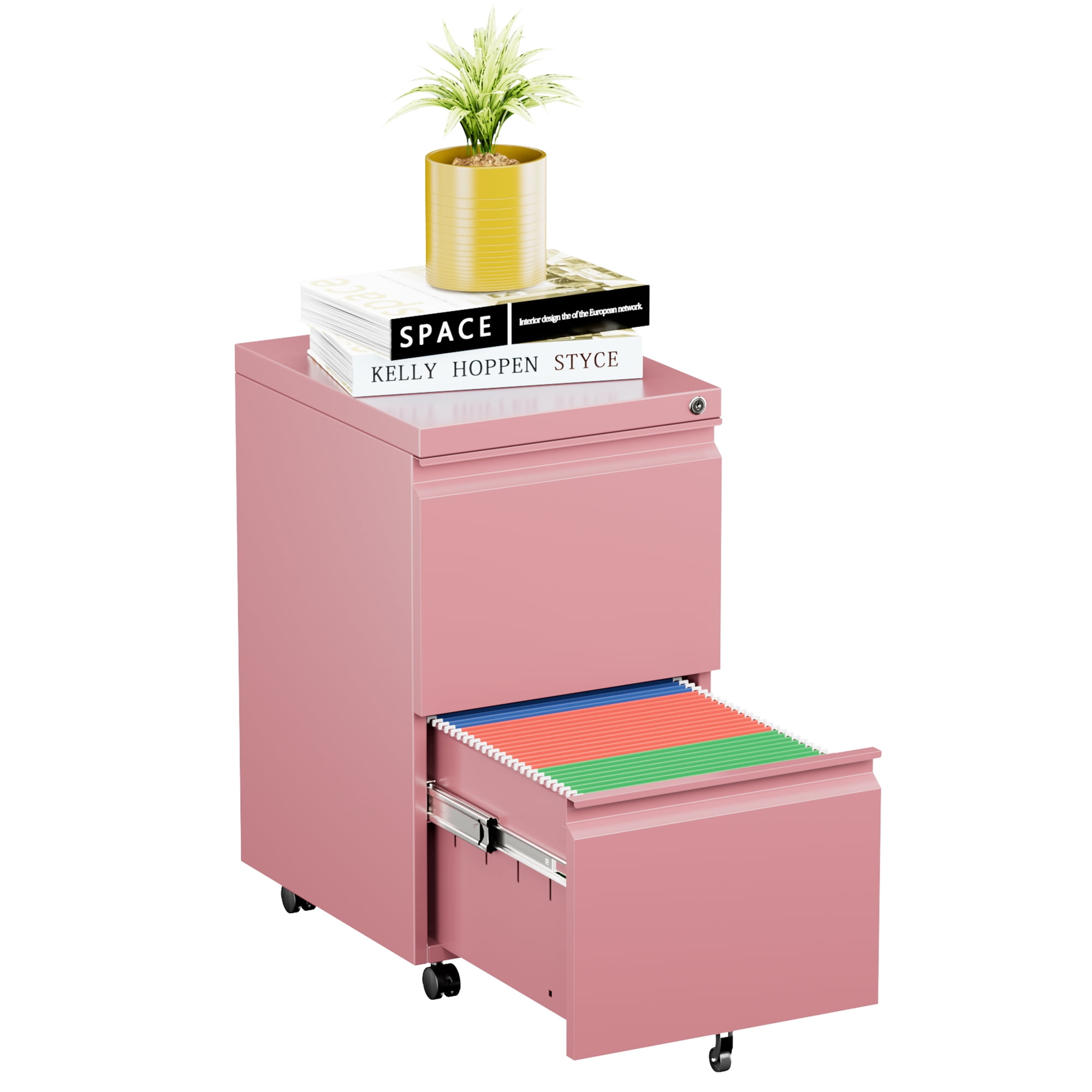 Gaeanet 2 Drawer Mobile File Cabinet, Lockable Metal Filing Cabinet with Wheels for Home Office, Legal/Letter Size,Pink,Fully Assembled Except Wheels