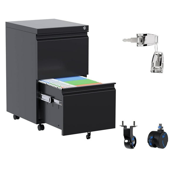 Gaeanet 2 Drawer Vertical File Cabinet with Lock, Mobile Metal Filing Cabinet for Legal/Letter Size, Office Storage File Cabinet Under Desk, Fully Assembled, Black