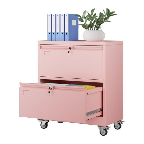 Gaeanet 2 Drawer Wide File Cabinet with Wheels, Lockable Metal Filing Cabinet for Home Office, Legal/Letter Size,Required Assembled,Pink,15.87" D x 28.94" W x 34" H