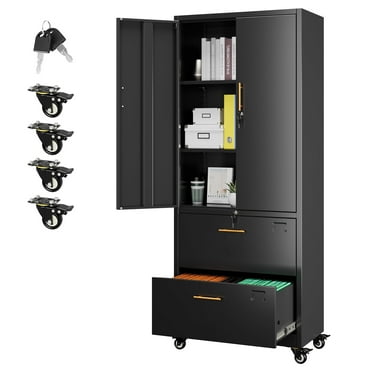 Gaeanet 2 Drawer Wide Lateral File Cabinet with Wheels & Lock,Metal Filing Storage Cabinet with Doors &,Shelf for Office,Home,School,Garage,Fit A4/Letter/Legal File,Black,Required-Assembly