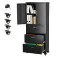 thumbnail image 1 of Gaeanet 3 Drawer Wide Lateral File Cabinet with Wheels & Lock,Metal Filing Storage Cabinet with Doors &,Shelf for Office,Home,School,Garage,Fit A4/Letter/Legal File,Black,Required-Assembly, 1 of 12