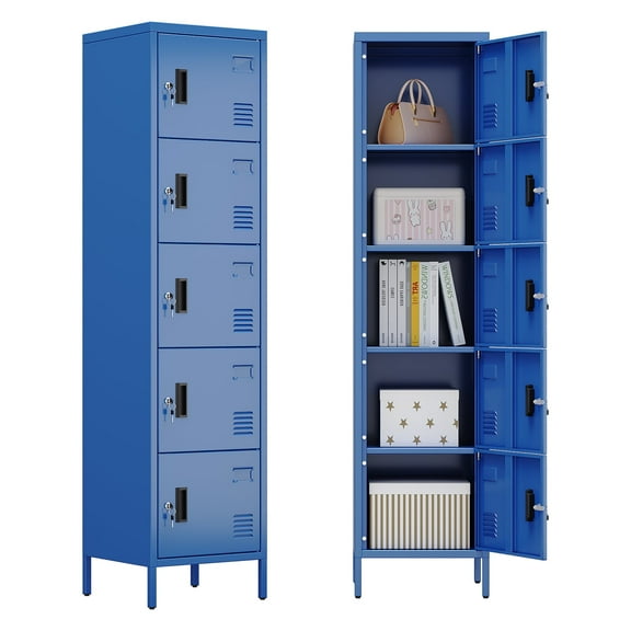 Gaeanet 5 Door Metal Storage Locker with Lock,Steel Locker with Name Card Holder and Hooks for School,Home,Office,Gym,Garage,Playroom,Assembly Required,Blue,15.75"D x 15.75"W x 66.2"H