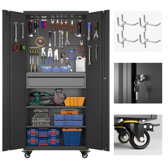 Gaeanet 71" H Metal Storage Cabinet on Wheels with Pegboards & Drawer,Lockable Rolling Steel Tool Chest Cabinet for Garage,Warehouse,Home Office,Assembly Required,Black