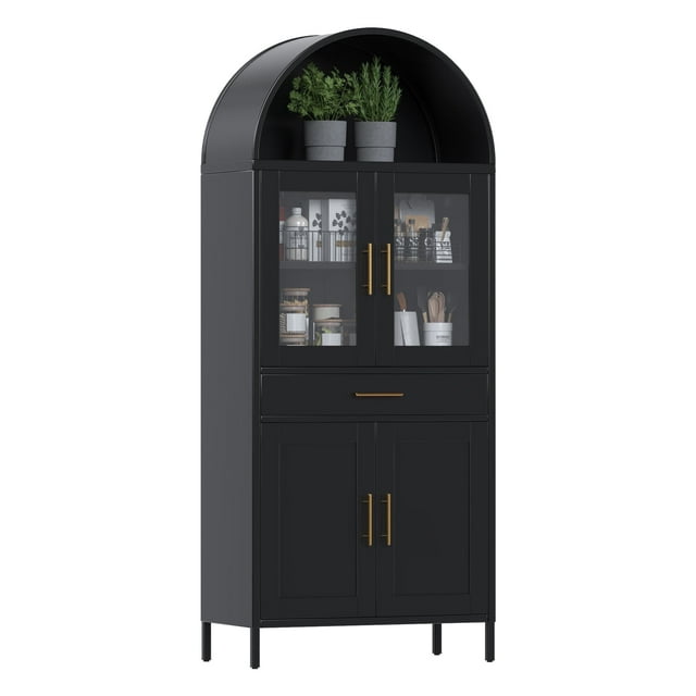 Gaeanet 73" H Metal Arched Cabinet with 4 Door &1 Drawer, Arched Bookcase with 2 Shelves,Modern Farmhouse Versatile Bookshelf for Home Office, Bedroom,Kitchen,Black,Assembly Required