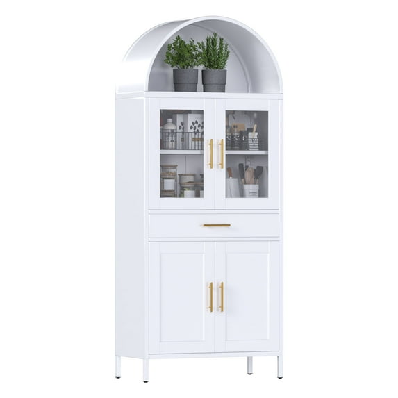 Gaeanet 73" H Metal Arched Cabinet with 4 Door &1 Drawer, Arched Bookcase with 2 Shelves,Modern Farmhouse Versatile Bookshelf for Home,Office, Bedroom,Kitchen,White,Assembly Required