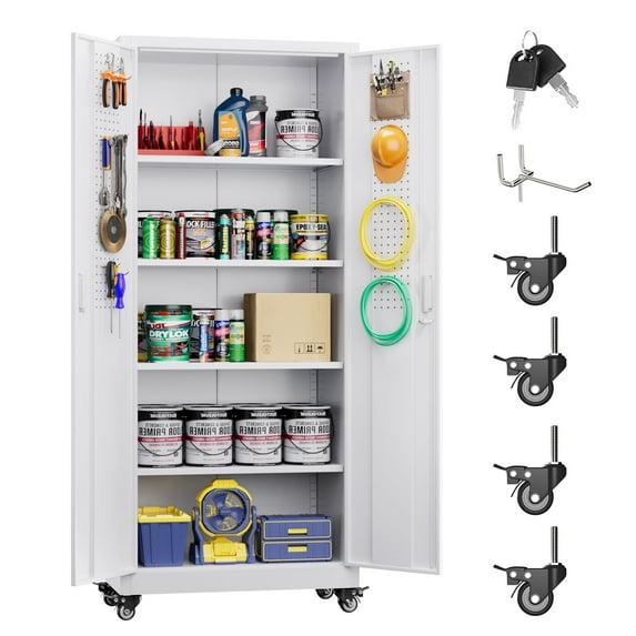 Gaeanet 73" H Metal Storage Cabinet with Wheels & Pegboard,Rolling Tool Garage Cabinet with 2 Doors and 4 Shelves for Home,Office,Warehouse,Workshop, Required-Assembly,White