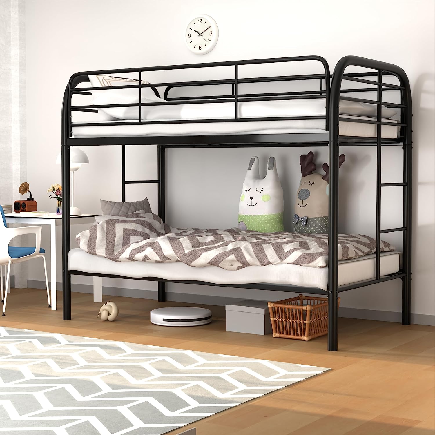 Twin Over Twin Bunk Bed with Trundle, Metal Twin Bed with Safety Guard