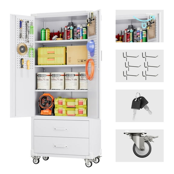 Gaeanet Metal Garage Cabinet with Wheels and 2 Drawers, Rolling Tool Storage Cabinet with 3 Shelves and Pegboard Behind The Door for Home Office Garage,White, Assembly Required