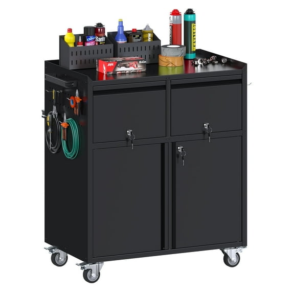 Gaeanet Metal Garage Storage Cabinet with Wheels,Rolling Steel Cabinets with 2 Drawer & Adjustable Shelf,Lockable Storage Cabinets with Pegboard & Handle for Garage,Warehouse,Black,Assembly Required