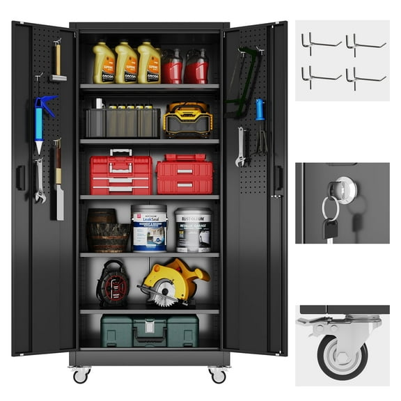 Gaeanet Rolling Tool Storage Cabinet with 5 Adjustable Shelves and Pegboard,Metal Garage Storage Cabinet with Wheels for Garage Home Office Utility Room,71" H×32" W×16" D,Required Assembly, Black