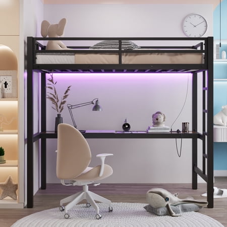 Gaeanet Twin Size Heavy Duty Metal Loft Bed with Desk & Full-Length Guardrail, Loft Bed Frame with Charging Outlets and LED Light, Noise-Free, Space-Saving, Assembly Required