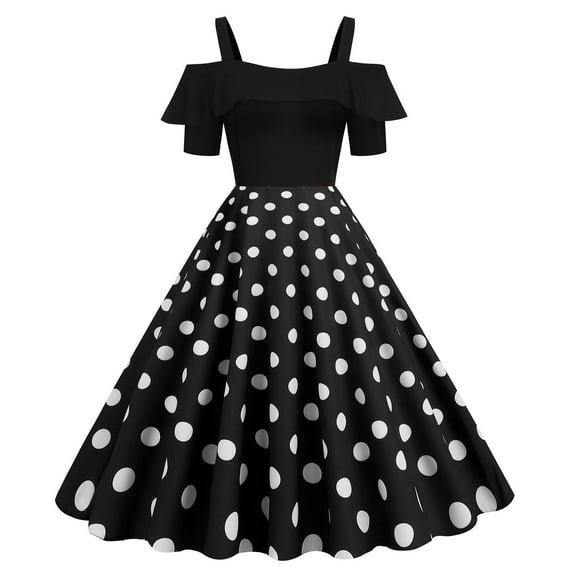 Gaecuw 1950s Dresses for Women Off Shoulder Neck Short Sleeve Vintage Dress Below the Knee Midi Dresses A Line Party Ruffle Linen Dress Casual Semi Formal Dress Polka Dot Prom Wedding Guest Dresses